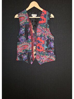 💙 Naked Silk 100% Silk Vintage Paisley Floral Button Front Size L Lined Vest Wa